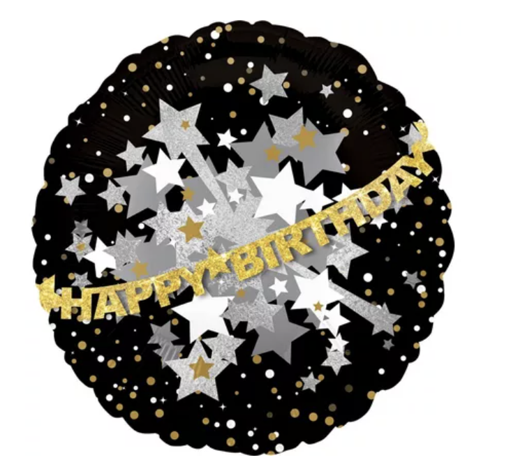 Happy Birthday Balloon - Prismatic Black, Gold & Silver, 32in