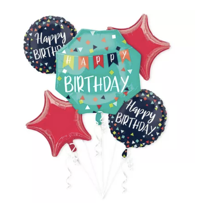 Navy Confetti Happy Birthday Foil Balloon Bouquet, 5pc