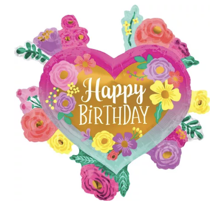 Painted Flowers Happy Birthday Heart Foil Balloon, 27in
