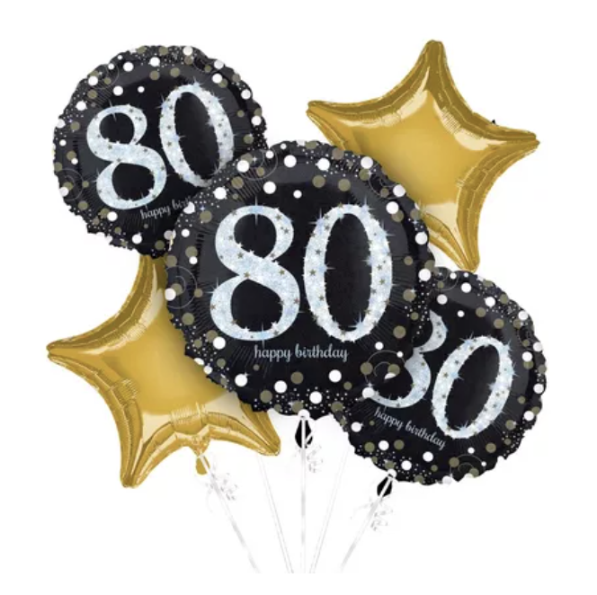 80th Birthday Foil Balloon Bouquet, 5pc - Sparkling Celebration
